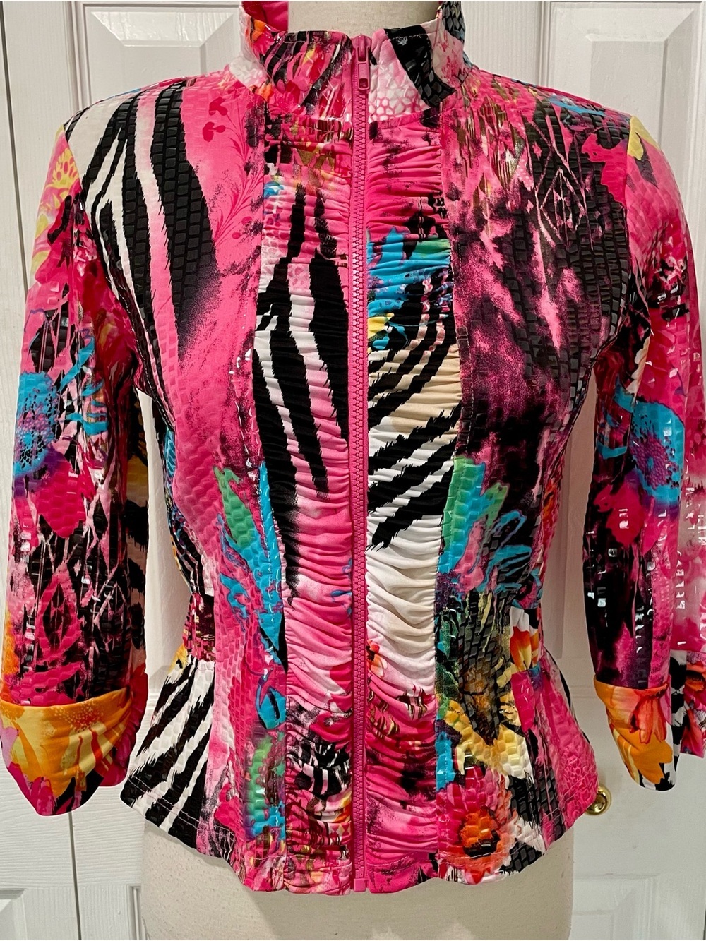 80s Erin London Bright Pink Multi-Print Zip Front Jacket